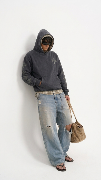 SWEAT-SHIRT CAPUCHE DISTRESSED CROSS BLACK